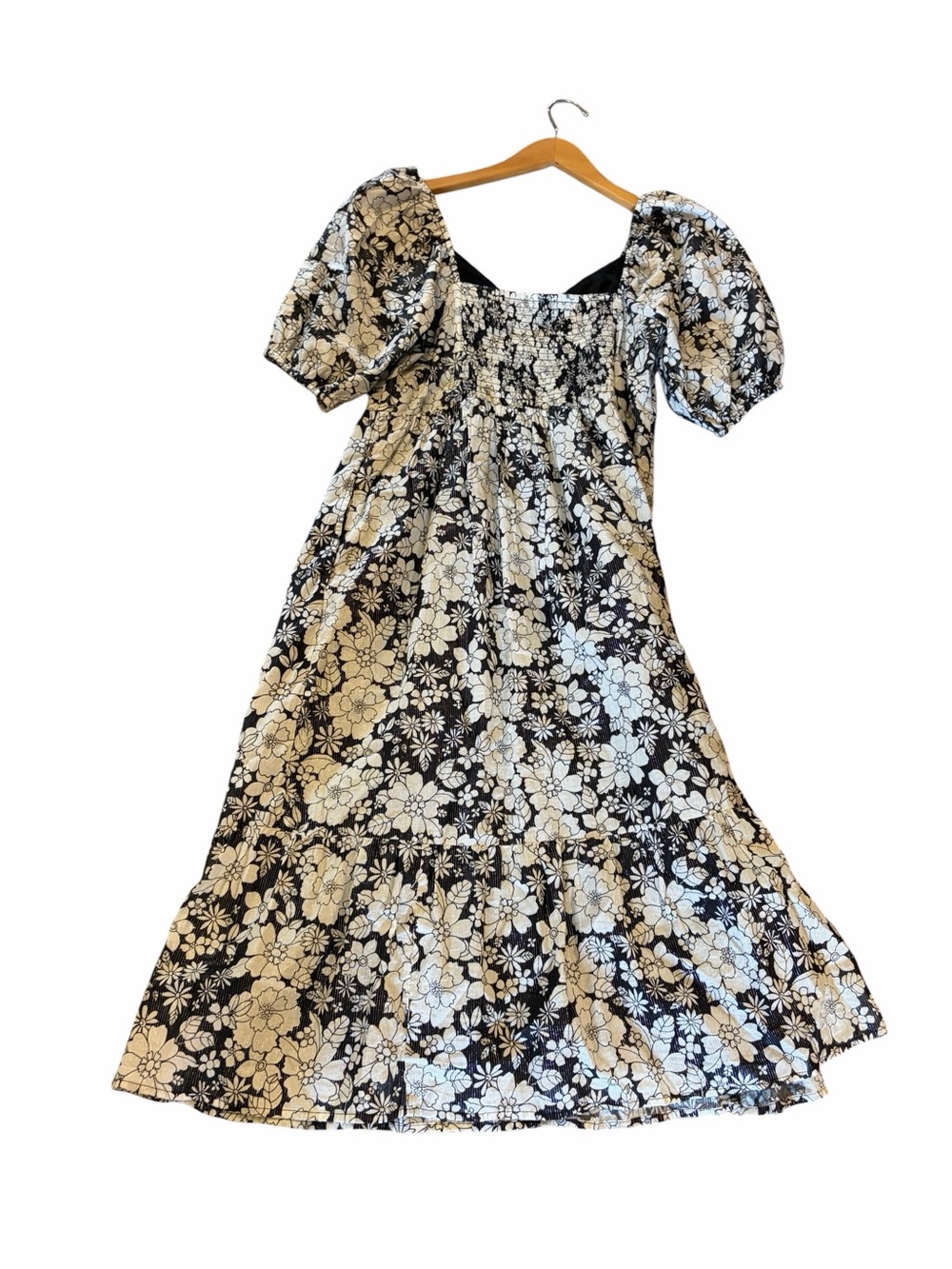 Gap NWOT Puff Short Sleeve Metallic Floral Midi Dress White Black Silver Medium - Picture 4 of 9
